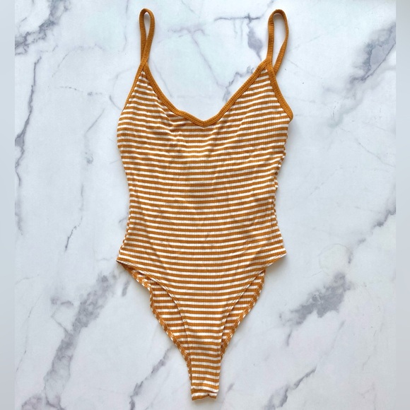 Forever 21 Tops - NWOT Forever 21 Deep V Mustard and White Striped Bodysuit